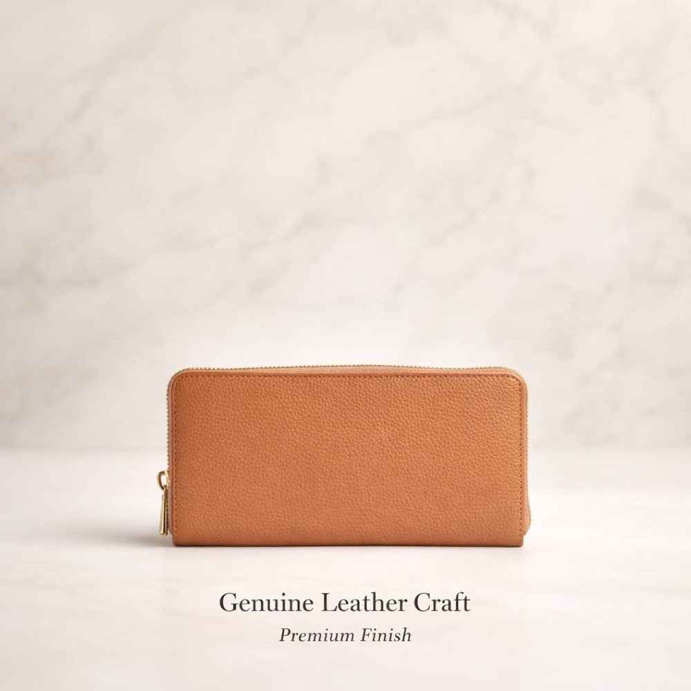 Genuine Leather Zip Around Wallet, Slim Compact Design with Metal Zipper (Caramel)