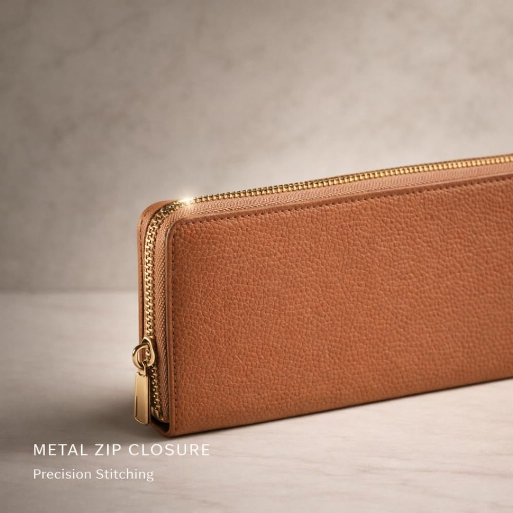 Genuine Leather Zip Around Wallet, Slim Compact Design with Metal Zipper (Caramel)