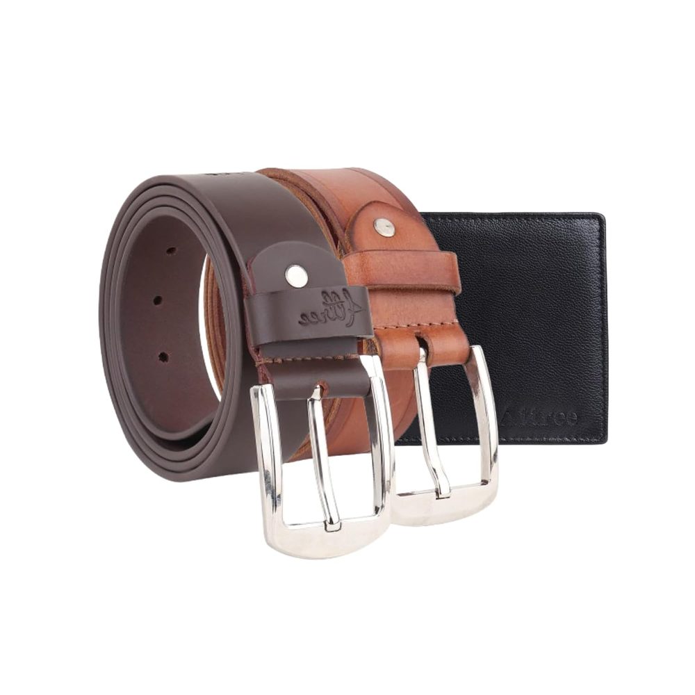 Attree Leather Dual Belt & Wallet Combo/Smooth Cherry Brown Leather & Tan Rough Pure Leather Belt/Trifold Jet Black Wallet/Mens Accesoories Only/Gift Set/Combo Pack