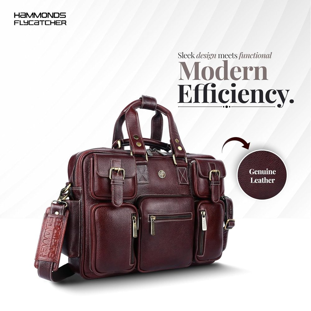 HAMMONDS FLYCATCHER Genuine Leather Office Bag for Men with Adjustable Shoulder Strap - 15.6 Inch Laptop Bag for Men - Water Resistant, 1 Year Warranty - Office, Travel, Daily Use - Brown