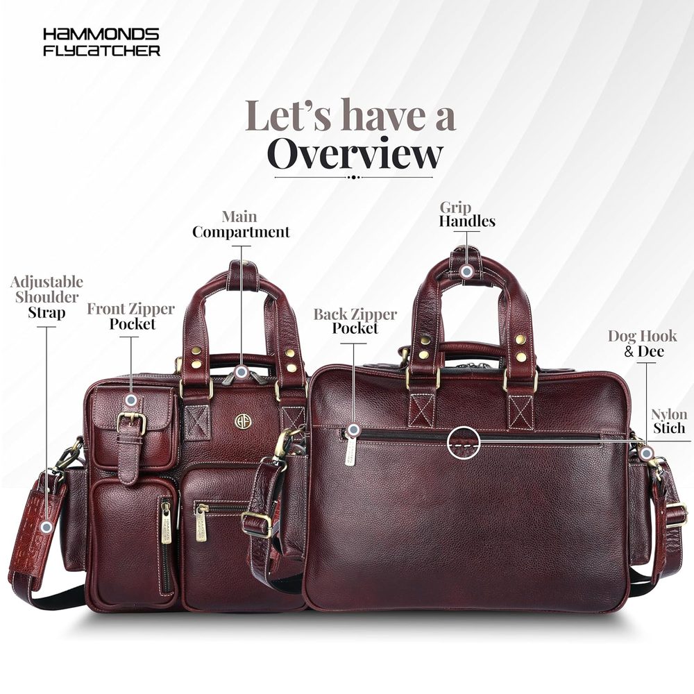 HAMMONDS FLYCATCHER Genuine Leather Office Bag for Men with Adjustable Shoulder Strap - 15.6 Inch Laptop Bag for Men - Water Resistant, 1 Year Warranty - Office, Travel, Daily Use - Brown