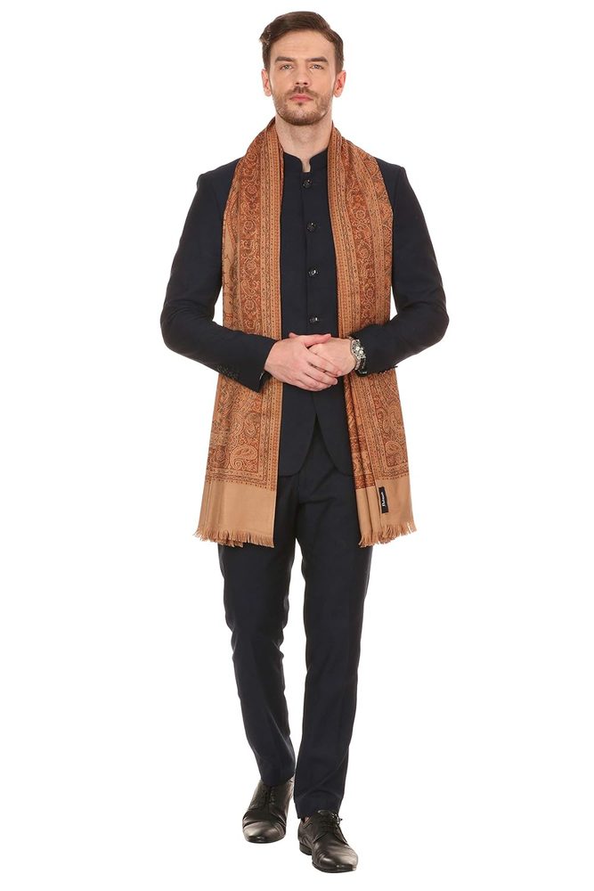 Pashtush Mens fine Soft Ethnic Stole Stole, Jamawar design, Faux Pashmina