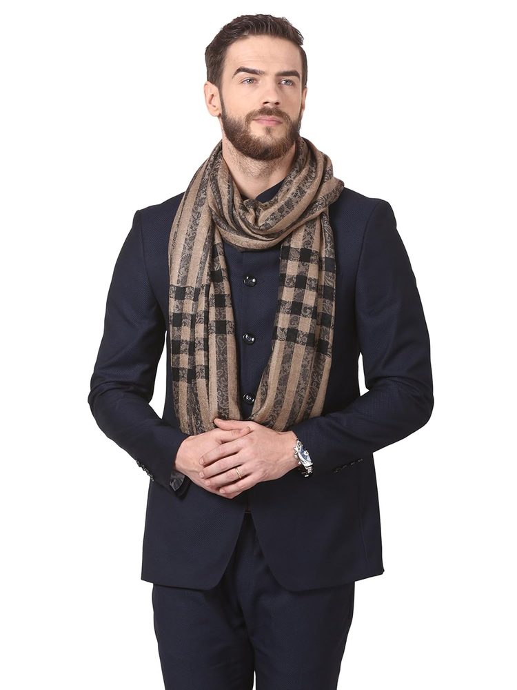Pashtush Woven Mens Wool Stole, Check-Stipe Design, Mens Muffler, Warm Cashmere Feel