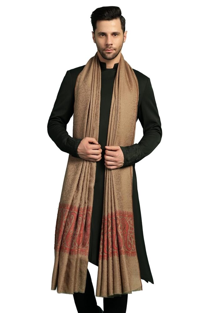 Pashtush Mens Extra Fine Wool Shawl, Paisley Design, Taupe