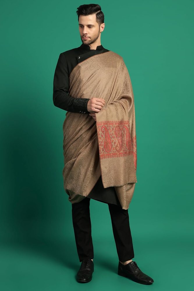 Pashtush Mens Extra Fine Wool Shawl, Paisley Design, Taupe