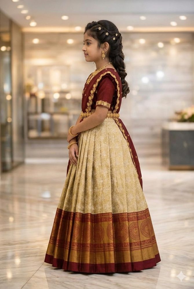 White Button New latest half Saree South Indian Langa Voni pattu pavadai lehenga choli for girls
