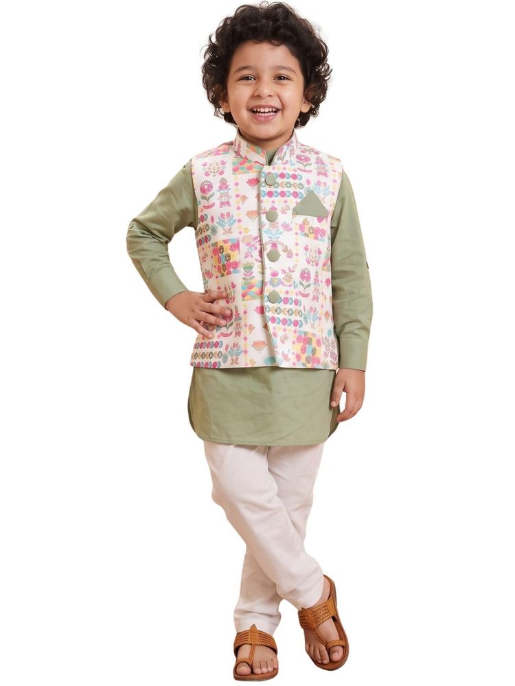 AJ DEZINES Kids Cotton Full Sleeve Printed Kurta Pajama & Waistcoat Set for Boys