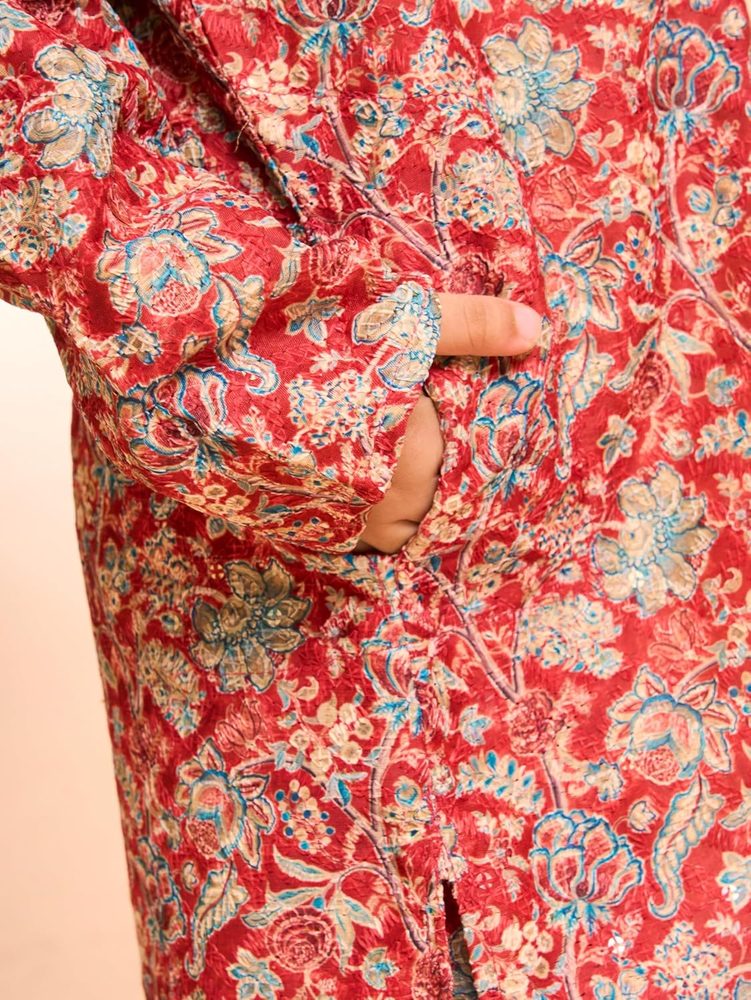 Manyavar Boys Art Silk Floral Print & Embroidery Kurta Pyjama Set (2pcs)