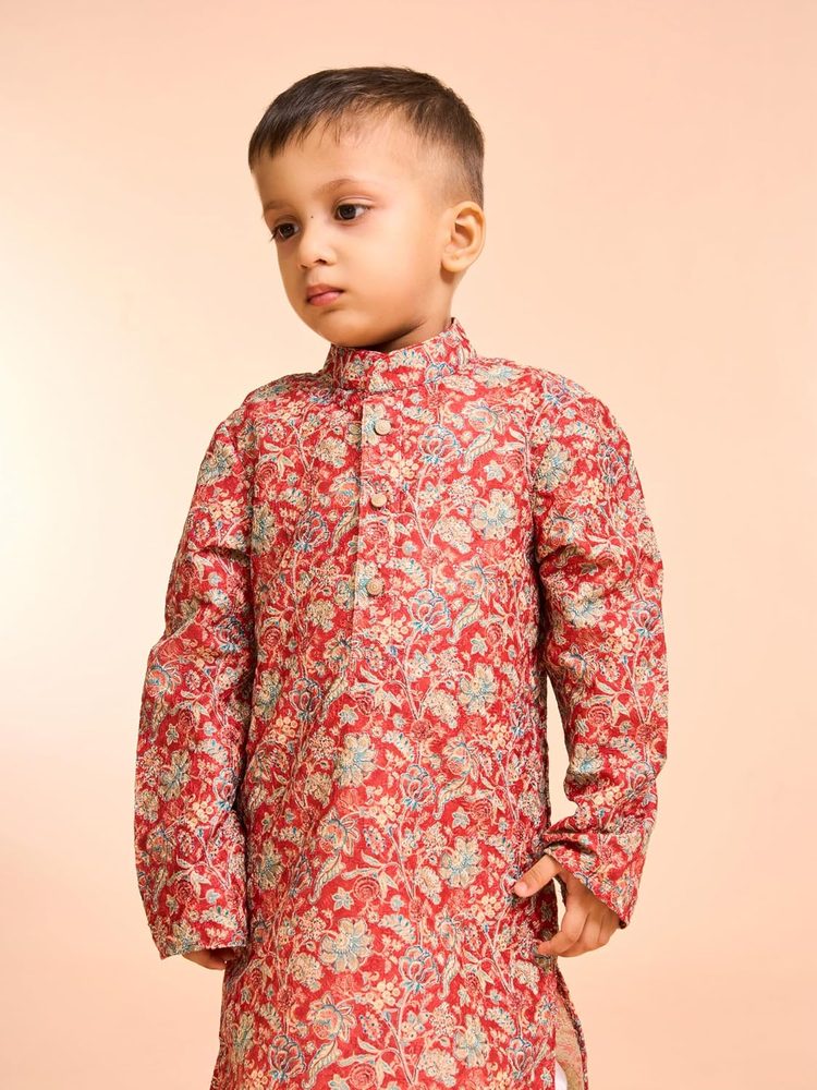 Manyavar Boys Art Silk Floral Print & Embroidery Kurta Pyjama Set (2pcs)