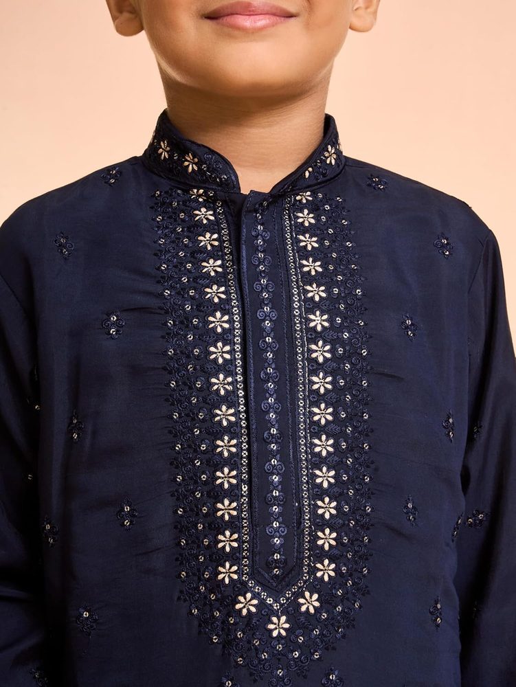 Manyavar Boys Viscose Blend Neck Embroidered & Sequined Kurta Pyjama Set (2pcs)
