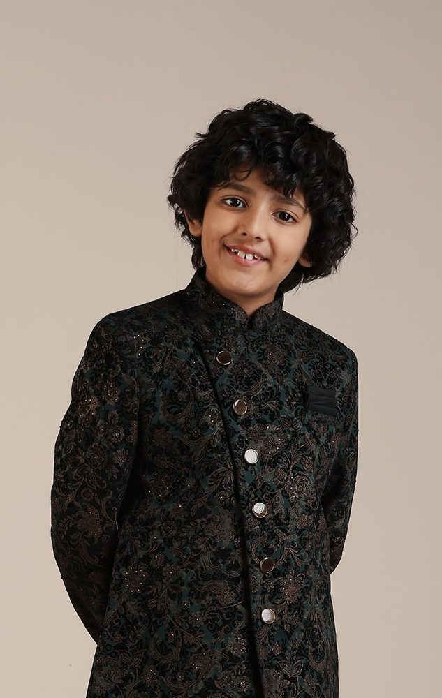 Manyavar Boys Blue Velvet Indo Western Patiala Set
