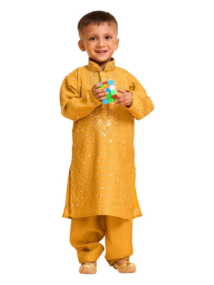 Manyavar Boys Viscose Blend Grid Embroidery & Sequins Kurta Pyjama Set (2pcs)