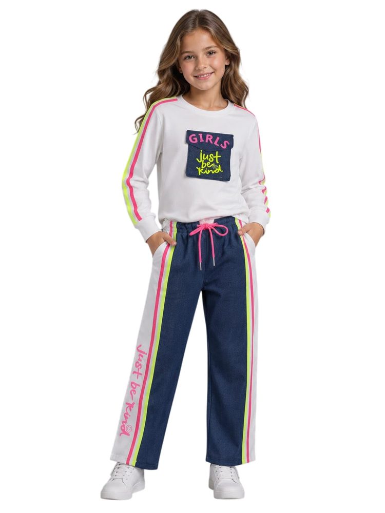 Girls Cotton Lycra Co-Ord Set with Denim Pants