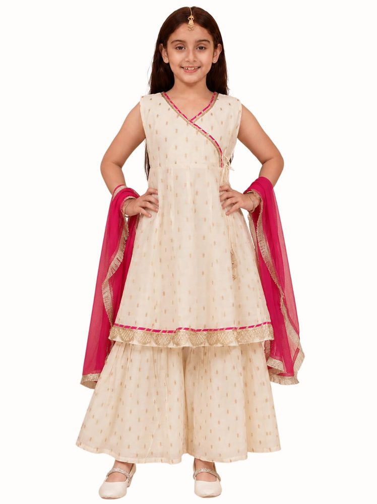 Preneum Girls's Cotton Rayon Gota Pati Floral Printed Angrakha Kurta with Sharara & Dupatta