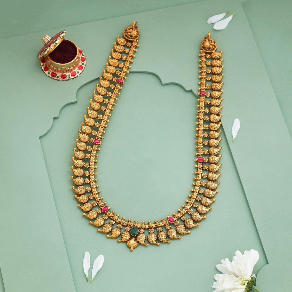 KUSHAL'S Fashion Jewellery Ruby-Green Oxidised Gold Plated 92.5 Silver Temple Long Necklace for Women