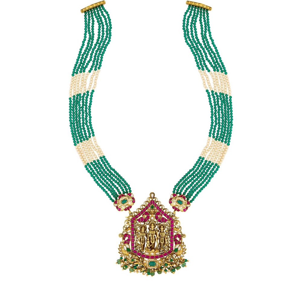 KUSHAL'S Fashion Jewellery Ruby-Green Oxidised Gold Plated 92.5 Silver Temple Necklace for Women