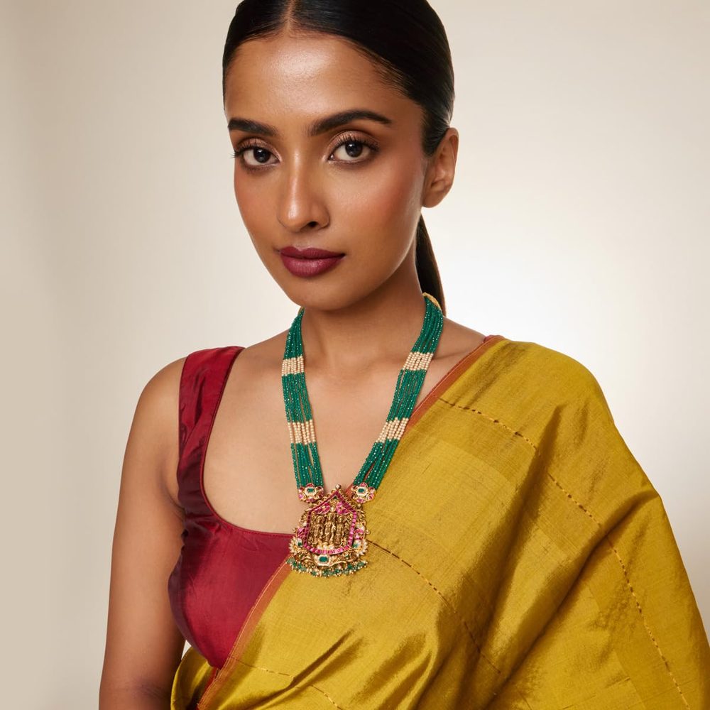 KUSHAL'S Fashion Jewellery Ruby-Green Oxidised Gold Plated 92.5 Silver Temple Necklace for Women