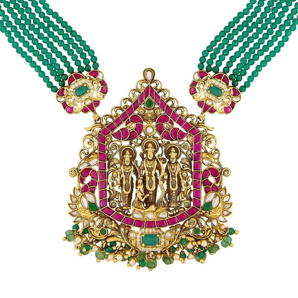 KUSHAL'S Fashion Jewellery Ruby-Green Oxidised Gold Plated 92.5 Silver Temple Necklace for Women