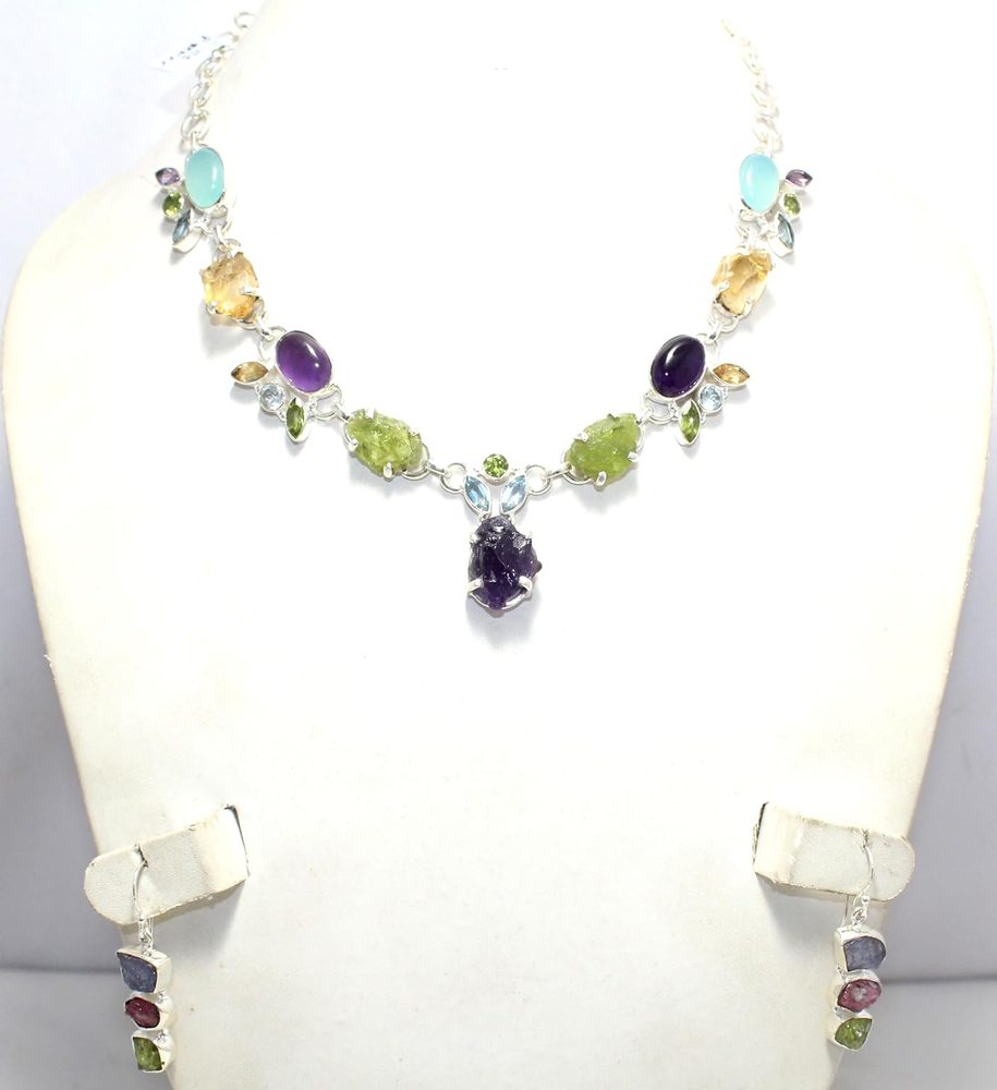 Rajasthan Gems Necklace Earrings Jewelry Set 925 Sterling Silver Natural Amethyst Topaz Peridot Chalcedony Gem Stone Handmade Gift Women G883