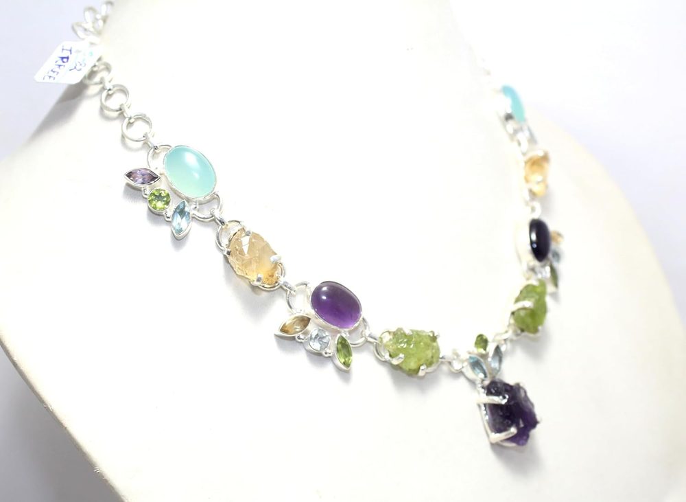 Rajasthan Gems Necklace Earrings Jewelry Set 925 Sterling Silver Natural Amethyst Topaz Peridot Chalcedony Gem Stone Handmade Gift Women G883