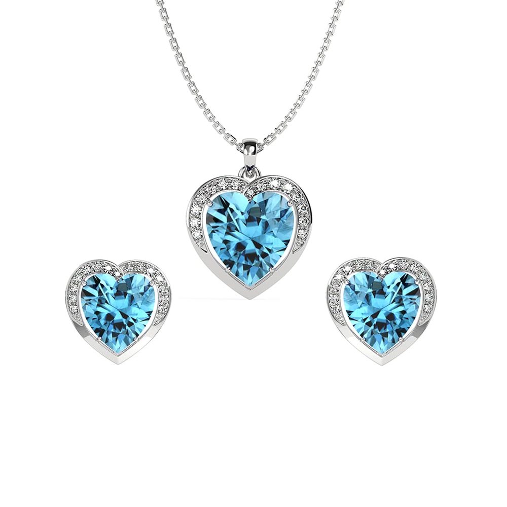 Clara 925 Silver Sky Blue Heart Pendant Earring Chain Bracelet Ring Women