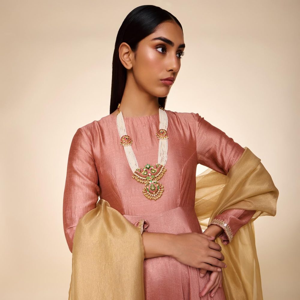 KUSHAL'S Fashion Jewellery Ruby-Green Gold Plated 92.5 Silver Temple Long Necklace for Women