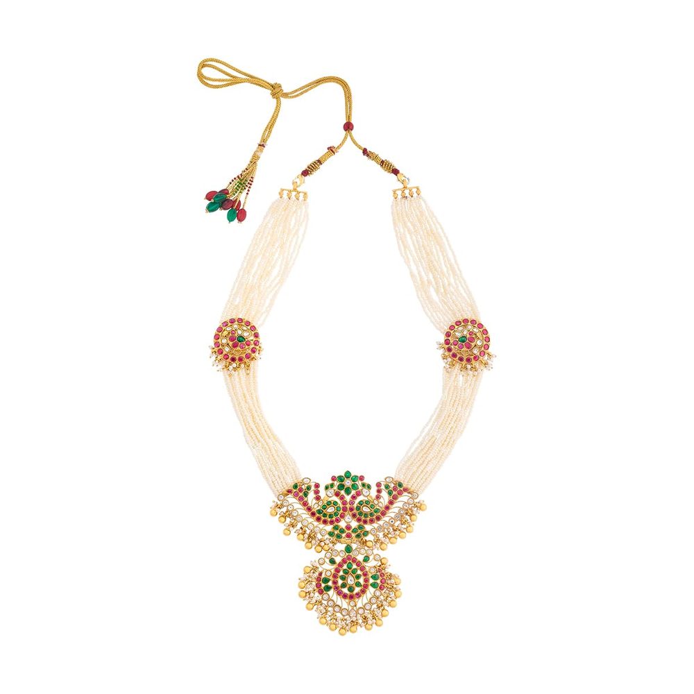 KUSHAL'S Fashion Jewellery Ruby-Green Gold Plated 92.5 Silver Temple Long Necklace for Women