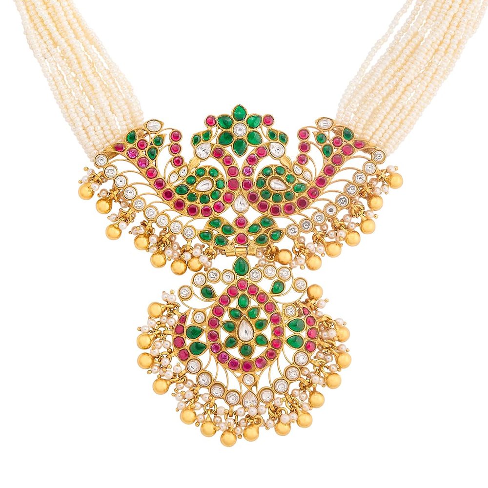 KUSHAL'S Fashion Jewellery Ruby-Green Gold Plated 92.5 Silver Temple Long Necklace for Women