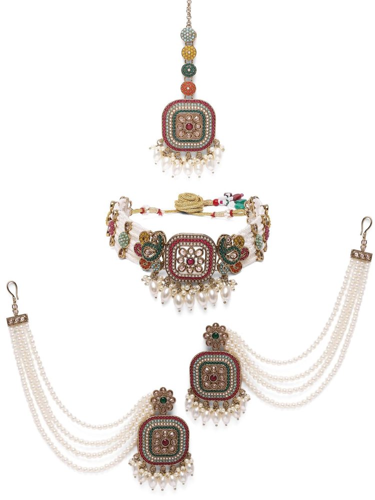 Classic Gold-Plated Multi-Strand Pearl Necklace Set with Earrings & Maang Tikka, Traditional Indian Bridal Jewellery with Polki Accents, and Statement Choker for Festive and Wedding-02