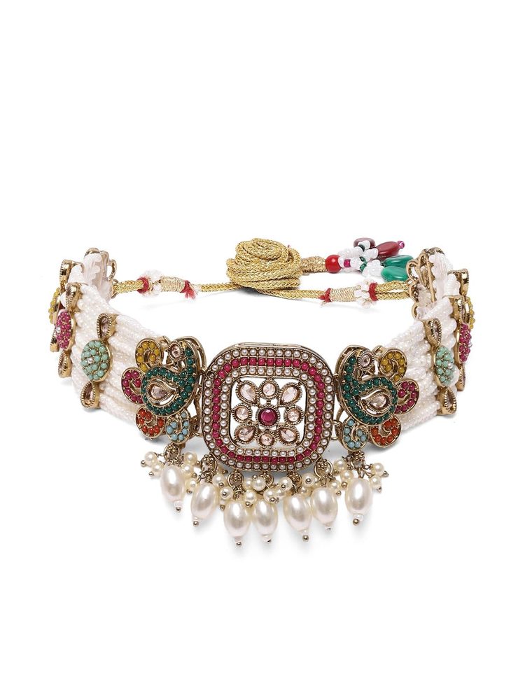 Classic Gold-Plated Multi-Strand Pearl Necklace Set with Earrings & Maang Tikka, Traditional Indian Bridal Jewellery with Polki Accents, and Statement Choker for Festive and Wedding-02