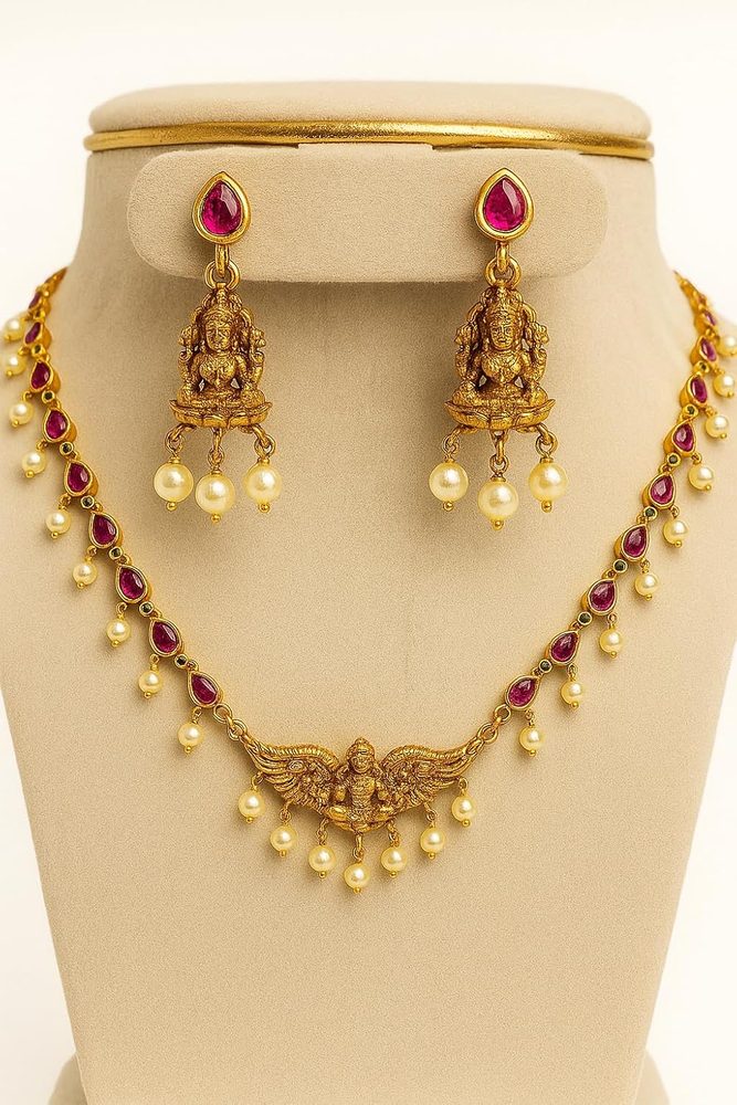 Stardiva Fashion Jewellery Traditional Lakshmi AD Stone Short Necklace Set for Women, South Indian Temple Style Copper Gold Finish with Pearls, Adjustable Chain & Matching Earrings