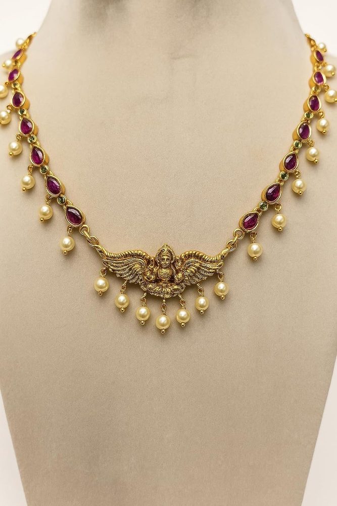 Stardiva Fashion Jewellery Traditional Lakshmi AD Stone Short Necklace Set for Women, South Indian Temple Style Copper Gold Finish with Pearls, Adjustable Chain & Matching Earrings
