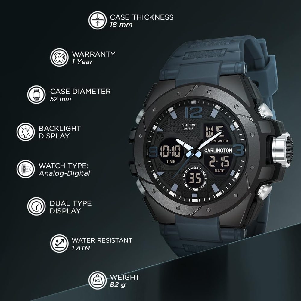 Carlington Endurance Series Analog-Digital Sports Watches for Men and Boys with Alarm, Stopwatch, Backlit Display, Dualtime, Silicone Rubber Strap, Water & Shock Resiatant - CT_9105