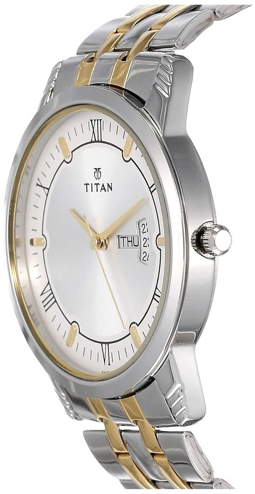 Titan Karishma Quartz Analog with Day and Date Silver Dial Two Toned Silver and Gold Stainless Steel Strap Watch for Men - NT1774BM01