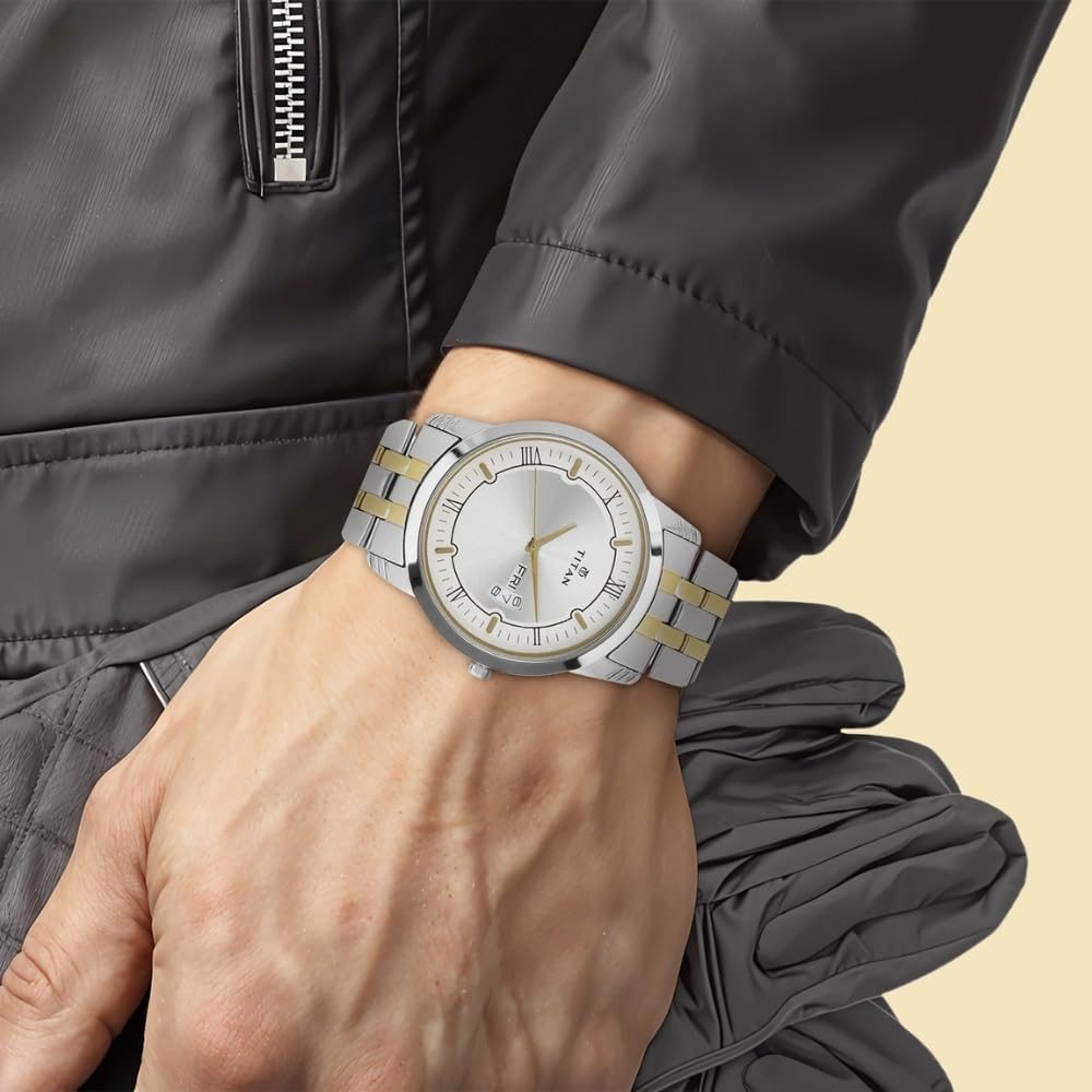 Titan Karishma Quartz Analog with Day and Date Silver Dial Two Toned Silver and Gold Stainless Steel Strap Watch for Men - NT1774BM01