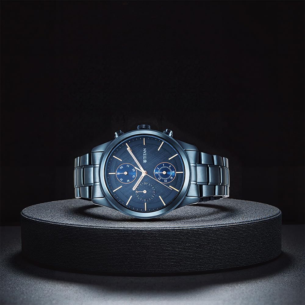 Titan Neo Splash Quartz Multifunction Midnight Blue Dial Metallic Blue Stainless Steel Strap Watch for Men - NT1805QM01