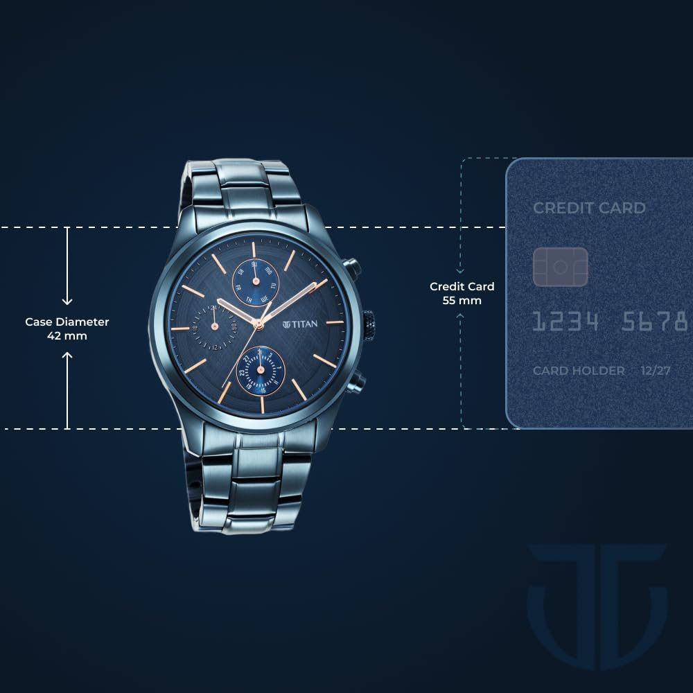 Titan Neo Splash Quartz Multifunction Midnight Blue Dial Metallic Blue Stainless Steel Strap Watch for Men - NT1805QM01