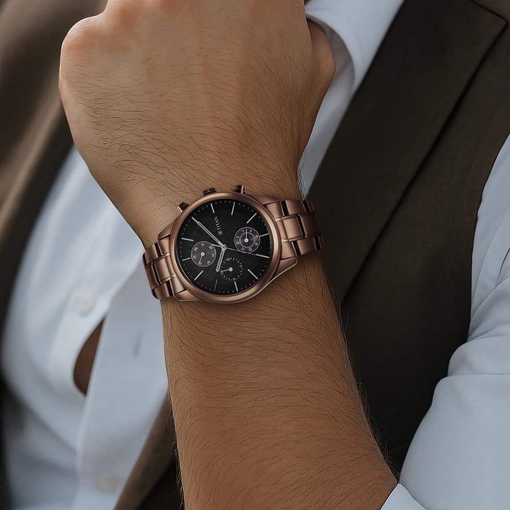 Titan Neo Splash Quartz Multifunction Black Dial Metallic Brown Stainless Steel Strap Watch for Men - NT1805QM04
