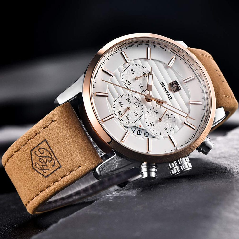 BENYAR Quartz Chronograph Waterproof White Dial Business and Sport Design Leather Band Strap Men's Wrist Watch