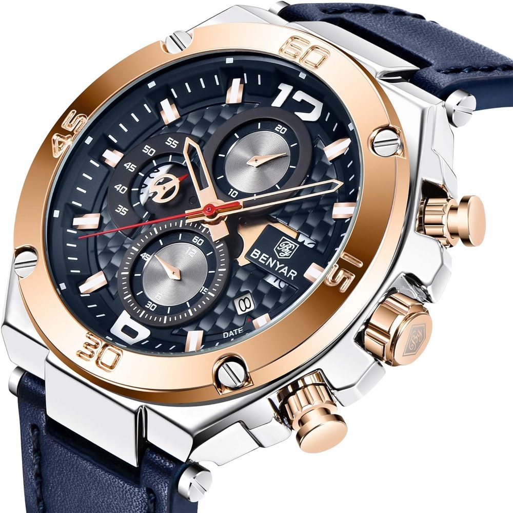 BENYAR Luxury Business Casual Party-Wear Leather Chronograph Date Display Watch for Men