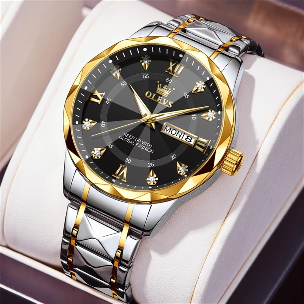 OLEVS Men's Business Watch Gold Blue with Large Easy-Read Analog Quartz Date Display Luxury Stainless Steel Band Waterproof Luminous Hands