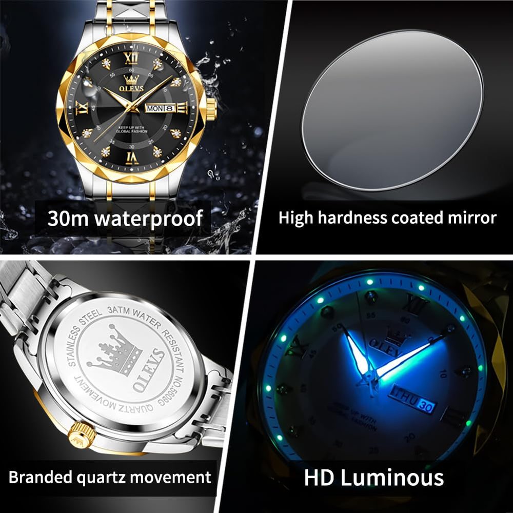 OLEVS Men's Business Watch Gold Blue with Large Easy-Read Analog Quartz Date Display Luxury Stainless Steel Band Waterproof Luminous Hands