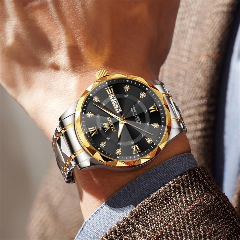 OLEVS Men's Business Watch Gold Blue with Large Easy-Read Analog Quartz Date Display Luxury Stainless Steel Band Waterproof Luminous Hands