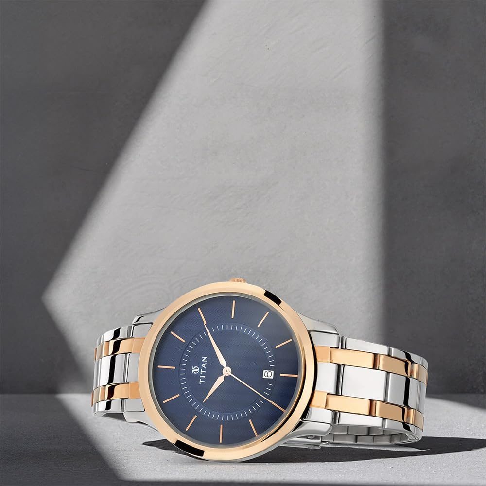 Titan Karishma Quartz Analog With Date Blue Dial Two Toned Silver & Rose Gold Stainless Steel Strap Watch for Men - NT1825KM01