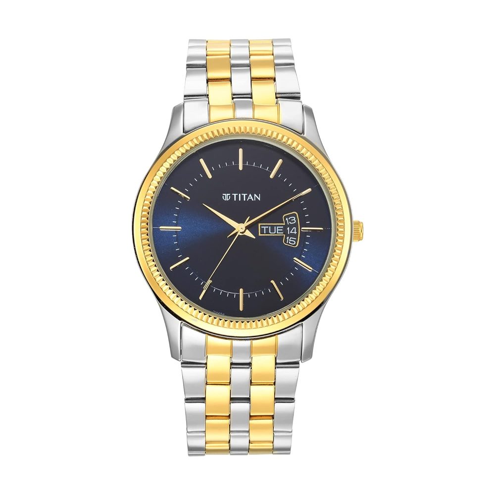 Titan Karishma Trendsetter Quartz Analog with Day & Date Midnight Blue Dial Two Toned Silver & Gold Stainless Steel Strap Watch for Men - NT1824BM03