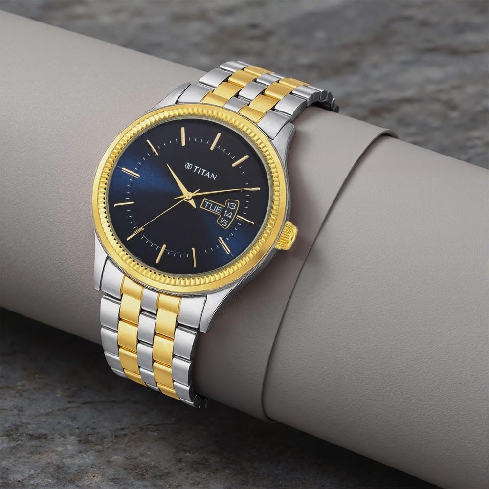 Titan Karishma Trendsetter Quartz Analog with Day & Date Midnight Blue Dial Two Toned Silver & Gold Stainless Steel Strap Watch for Men - NT1824BM03