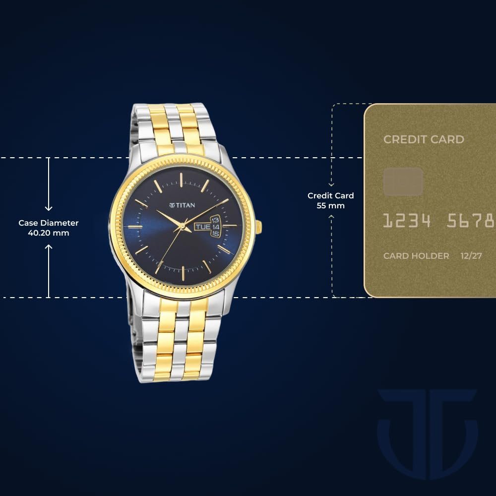 Titan Karishma Trendsetter Quartz Analog with Day & Date Midnight Blue Dial Two Toned Silver & Gold Stainless Steel Strap Watch for Men - NT1824BM03