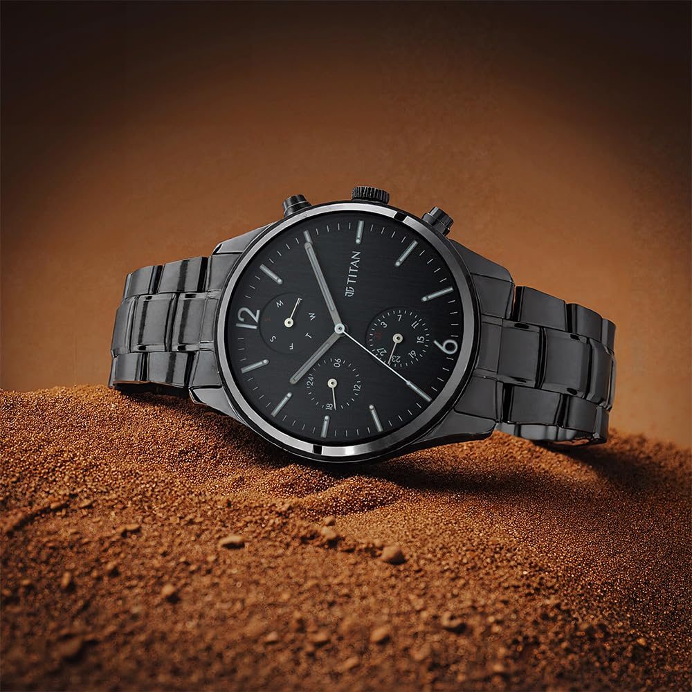 Titan Workwear Quartz Multifunction Black Dial Black Metal Strap Watch For Men - NT1805NM02