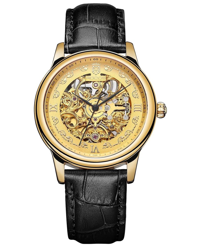 ROCOSJEWE R0106 Automatic Skeleton Watch for Men, Gold Dial, Self-Winding Mechanical Watch with Leather Strap