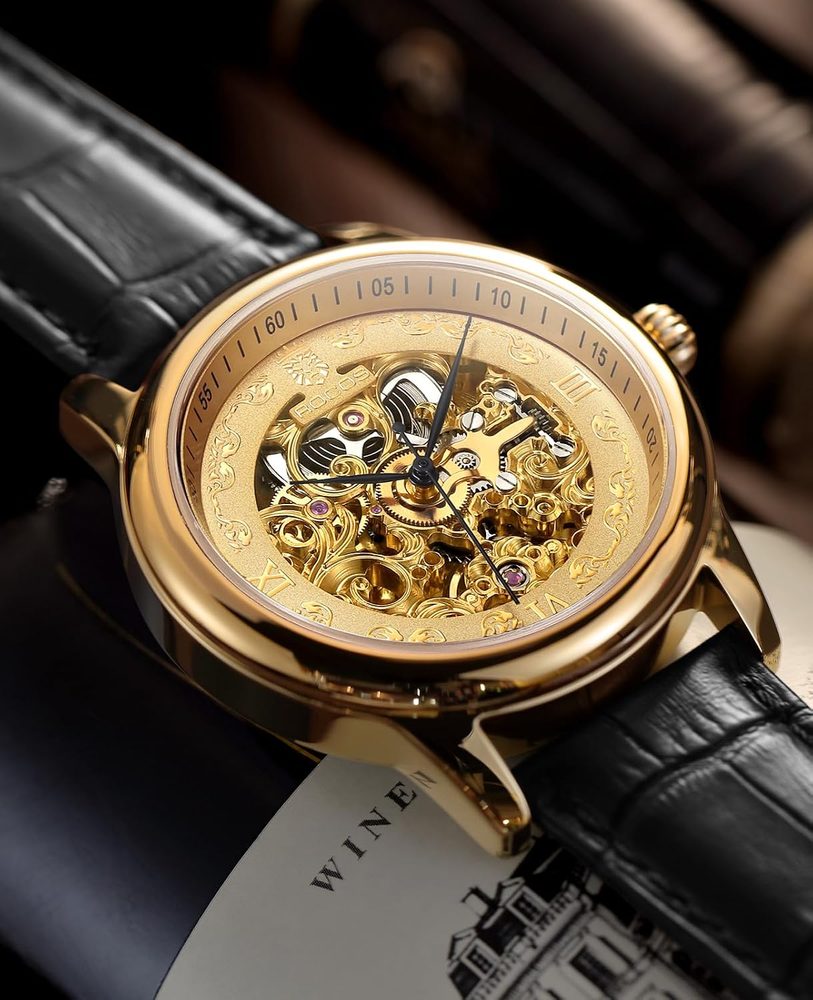 ROCOSJEWE R0106 Automatic Skeleton Watch for Men, Gold Dial, Self-Winding Mechanical Watch with Leather Strap